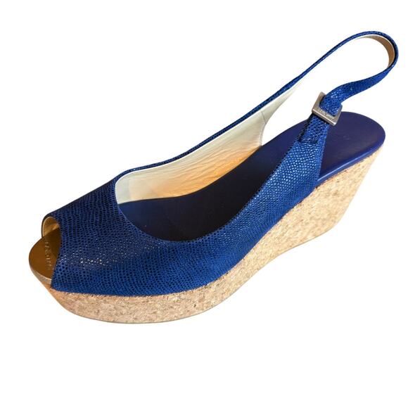 Jimmy Choo Platform Slingback Wedge Cork Peep Toe Sandals Blue 8.5 - Picture 1 of 9
